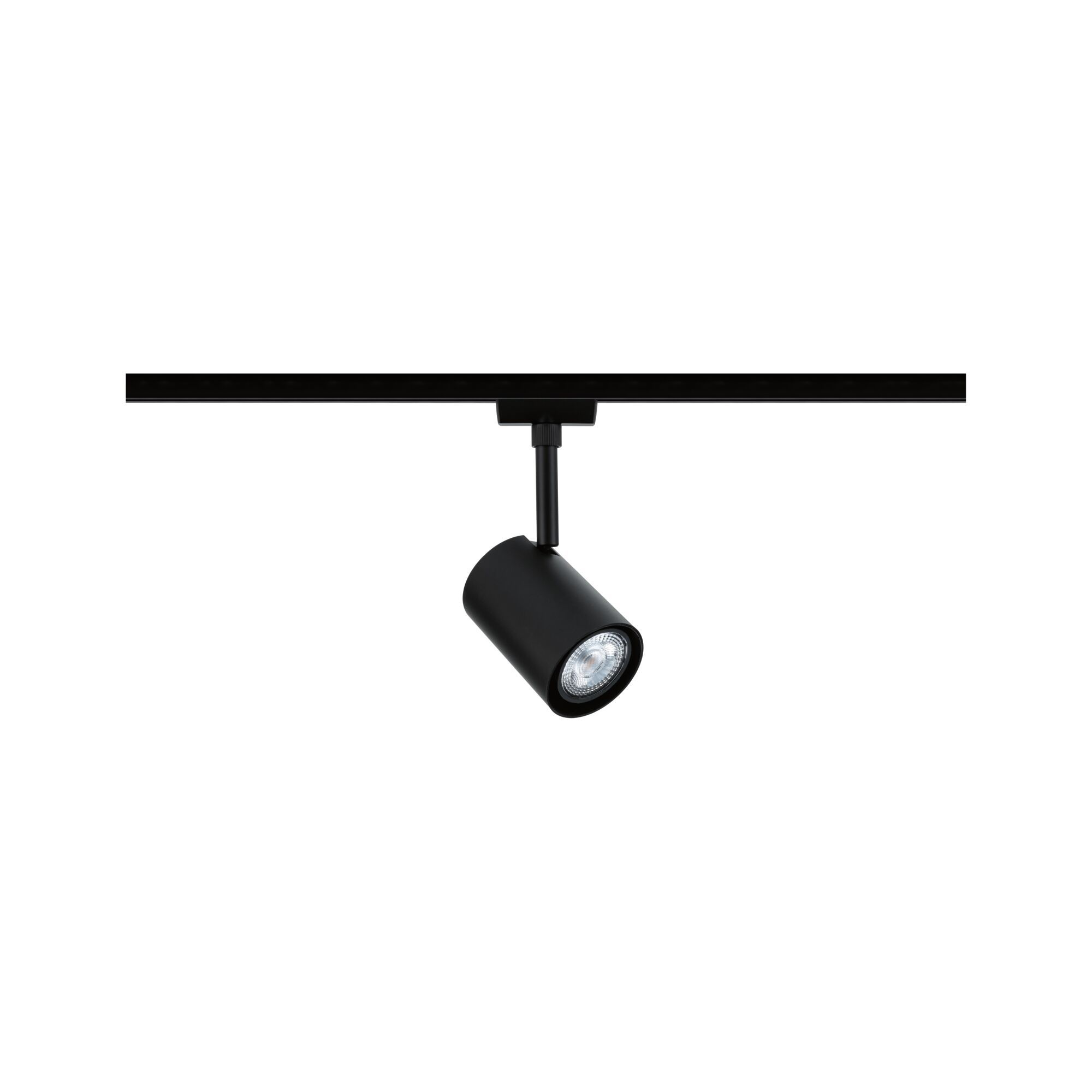 Czarny reflektor na czarnej szynie. Światło ma okrągły kształt walca i wskazuje w dół.