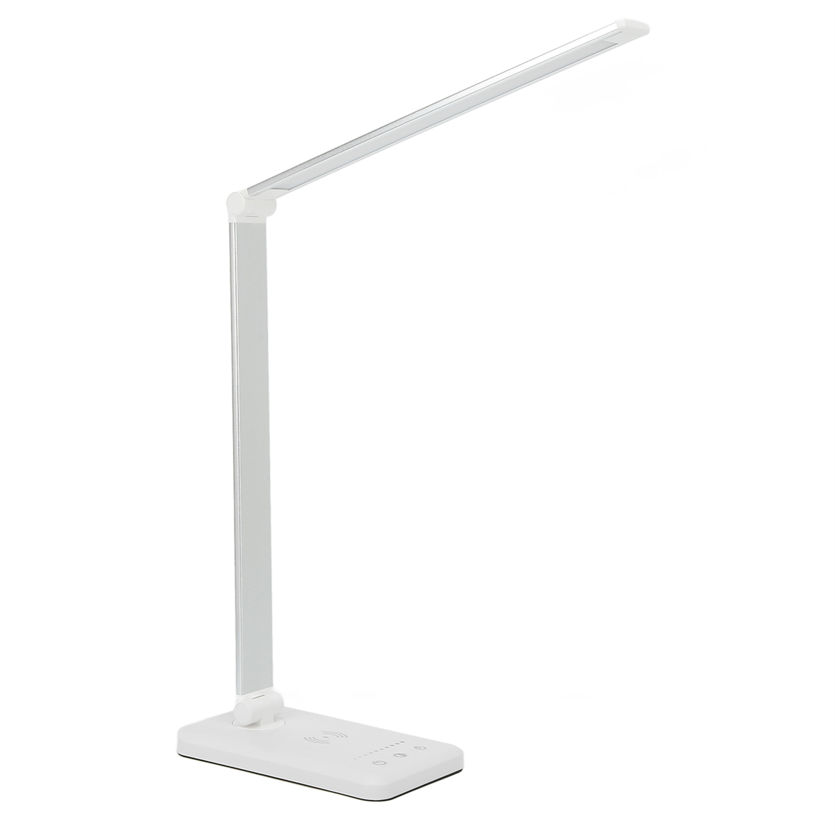 Eine weiße Schreibtischlampe mit einem langen, schlanken Lichtpaneel. Der Sockel ist auch weiß.