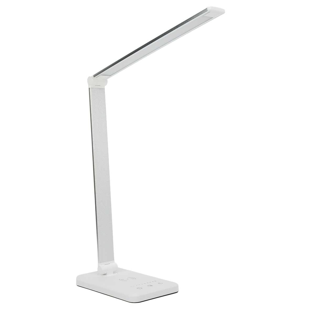Weiße LED-Schreibtischlampe mit verstellbarem Arm und rechteckigem Sockel. Die Lampe ist eingeschaltet.
