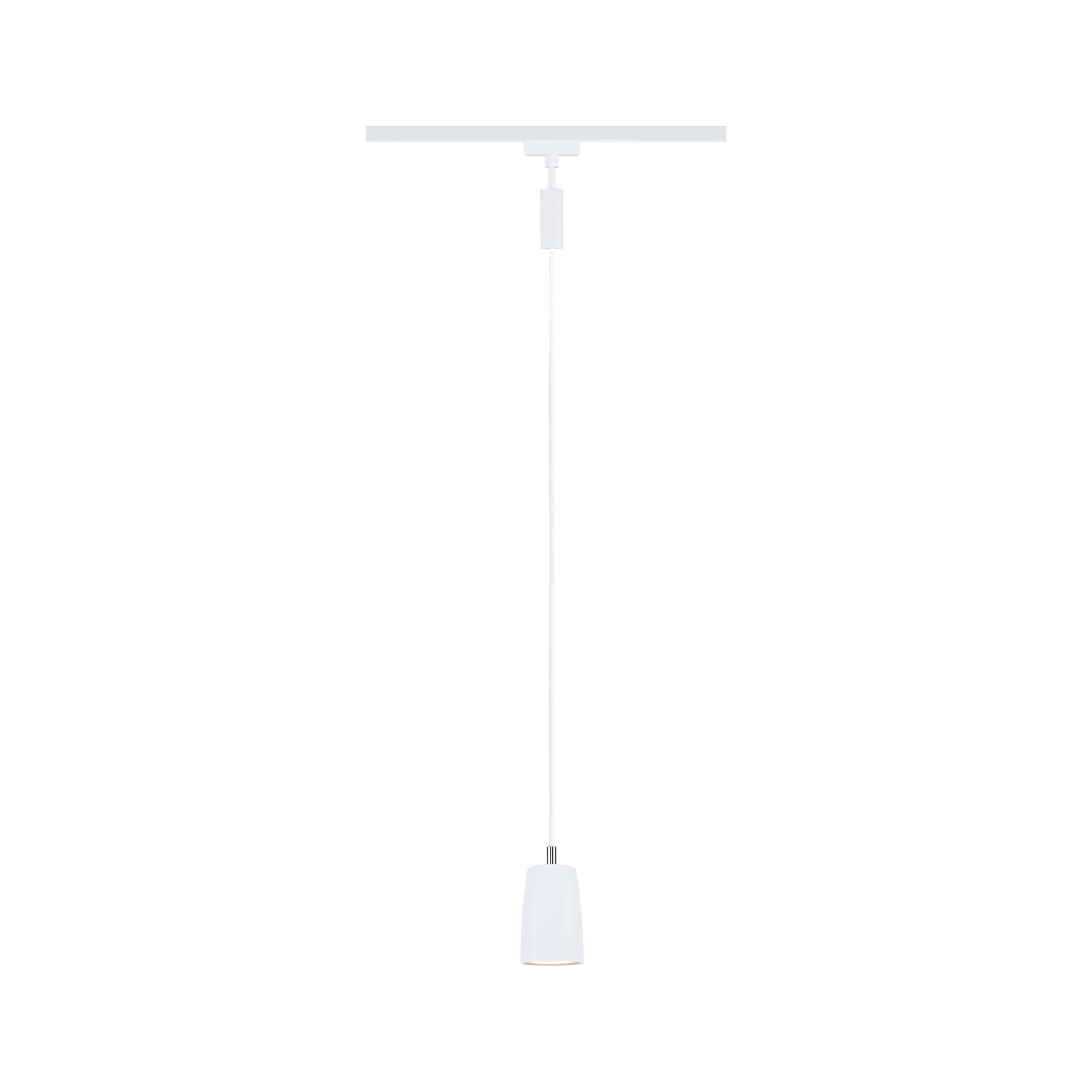 Biała lampa wisząca zwisająca z sufitu z cylindrycznym kloszem.