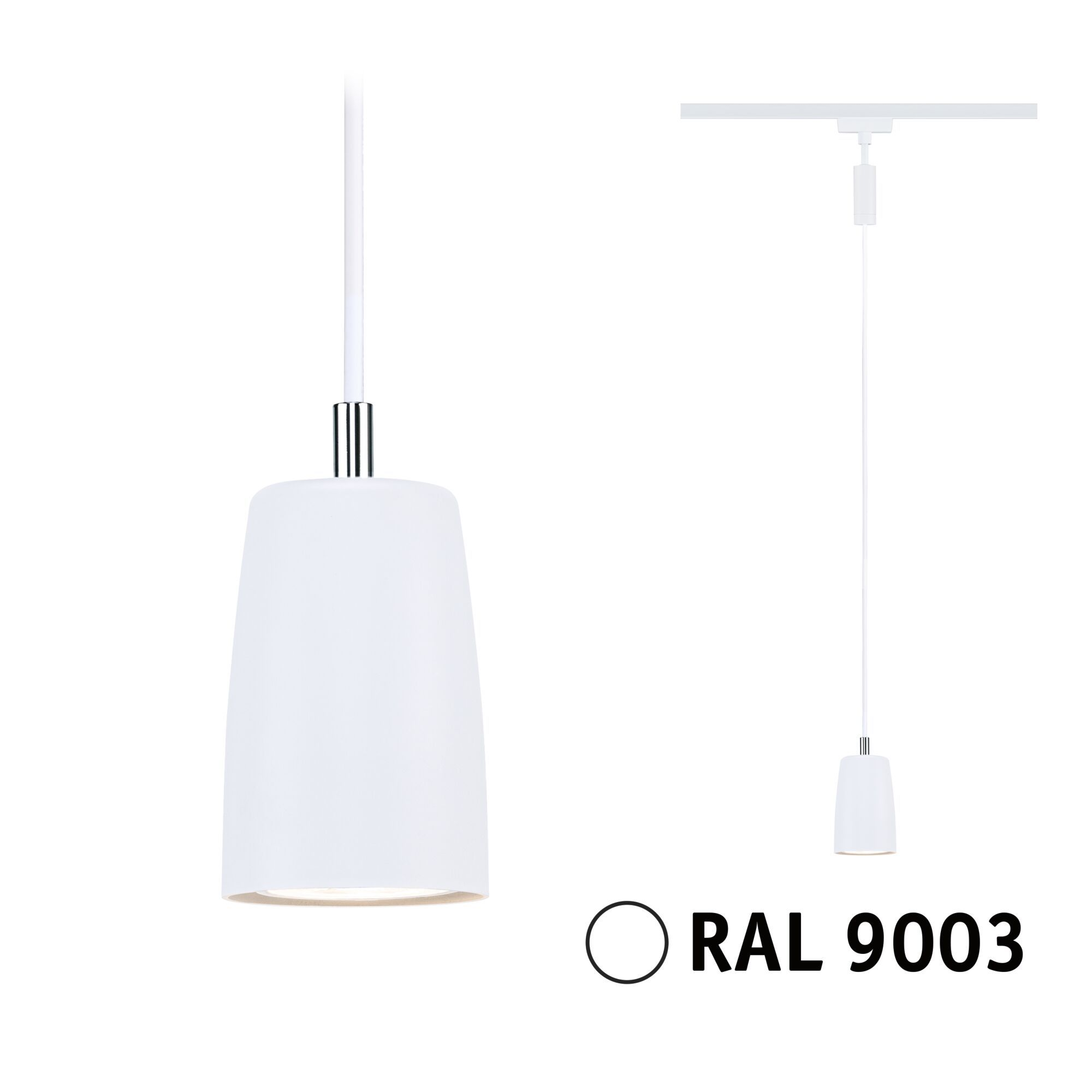 Dwie białe lampy wiszące, jedna wisząca i jedna na białym tle z etykietą RAL 9003.