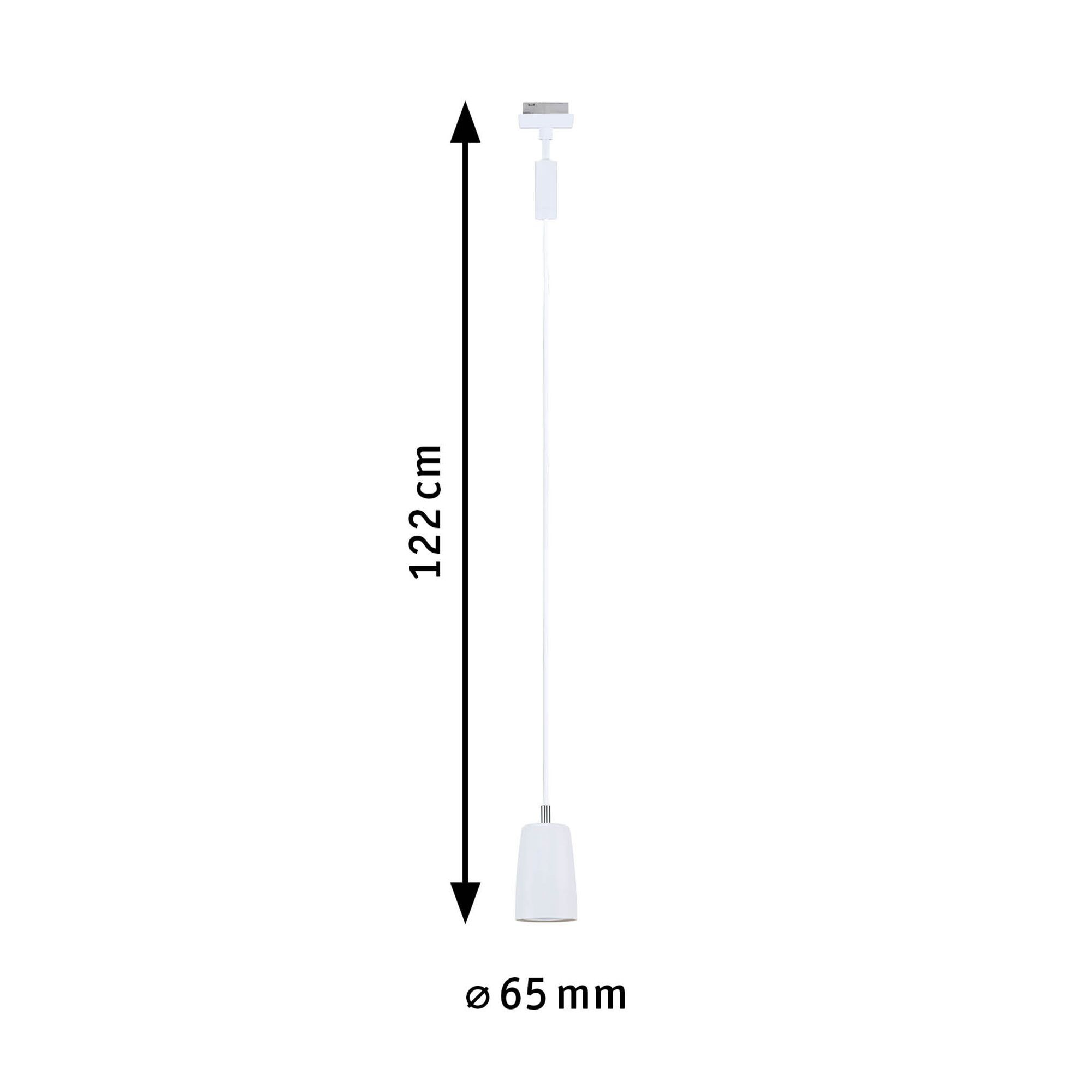 Biała lampa wisząca z wymiarami: 122 cm długości i 65 mm średnicy.