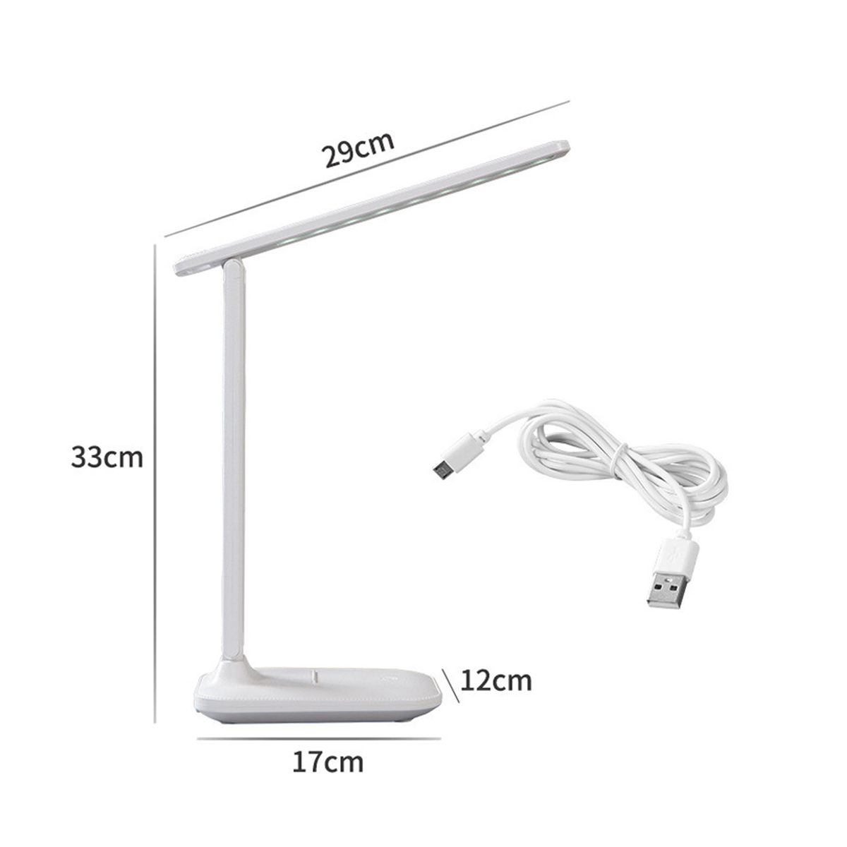 Eine weiße Schreibtischlampe mit beschrifteten Abmessungen und einem USB-Kabel.