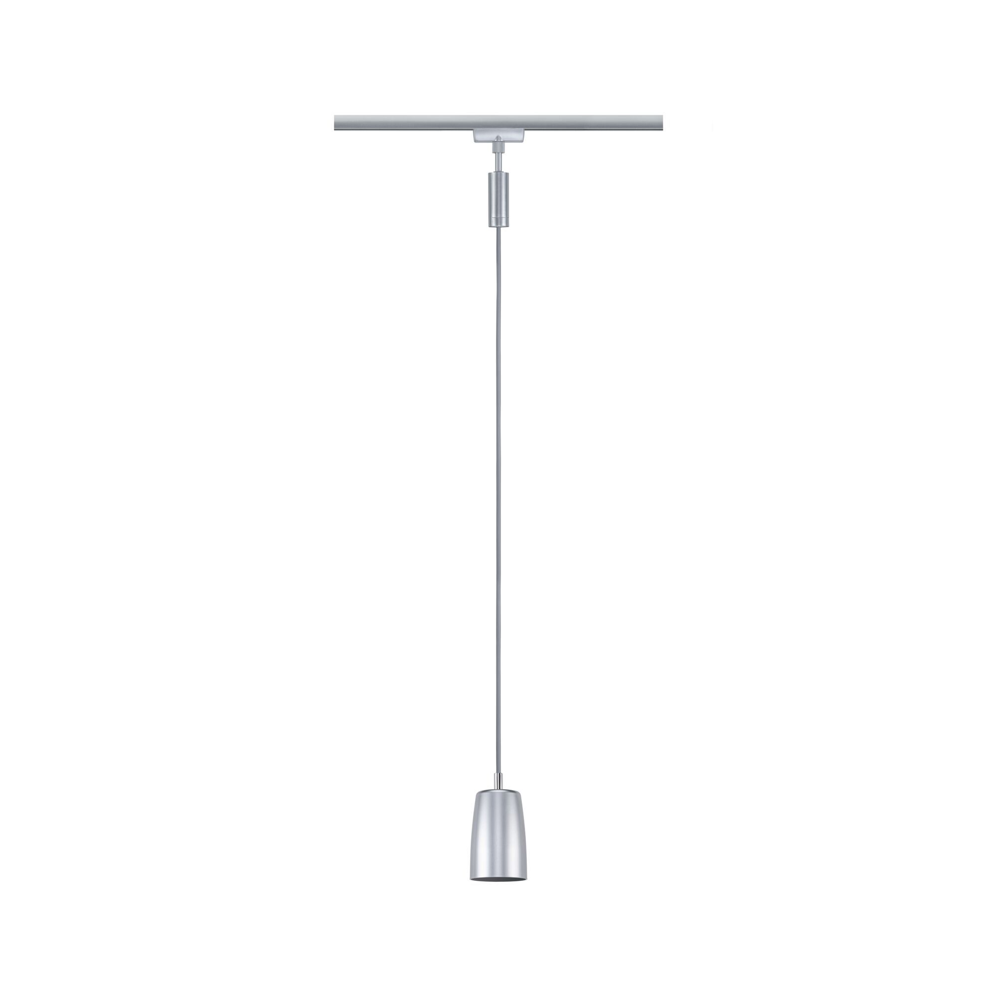 Eine silberne Pendelleuchte, die von einer Metallstange hängt. Die Lampe hat eine zylindrische Form.