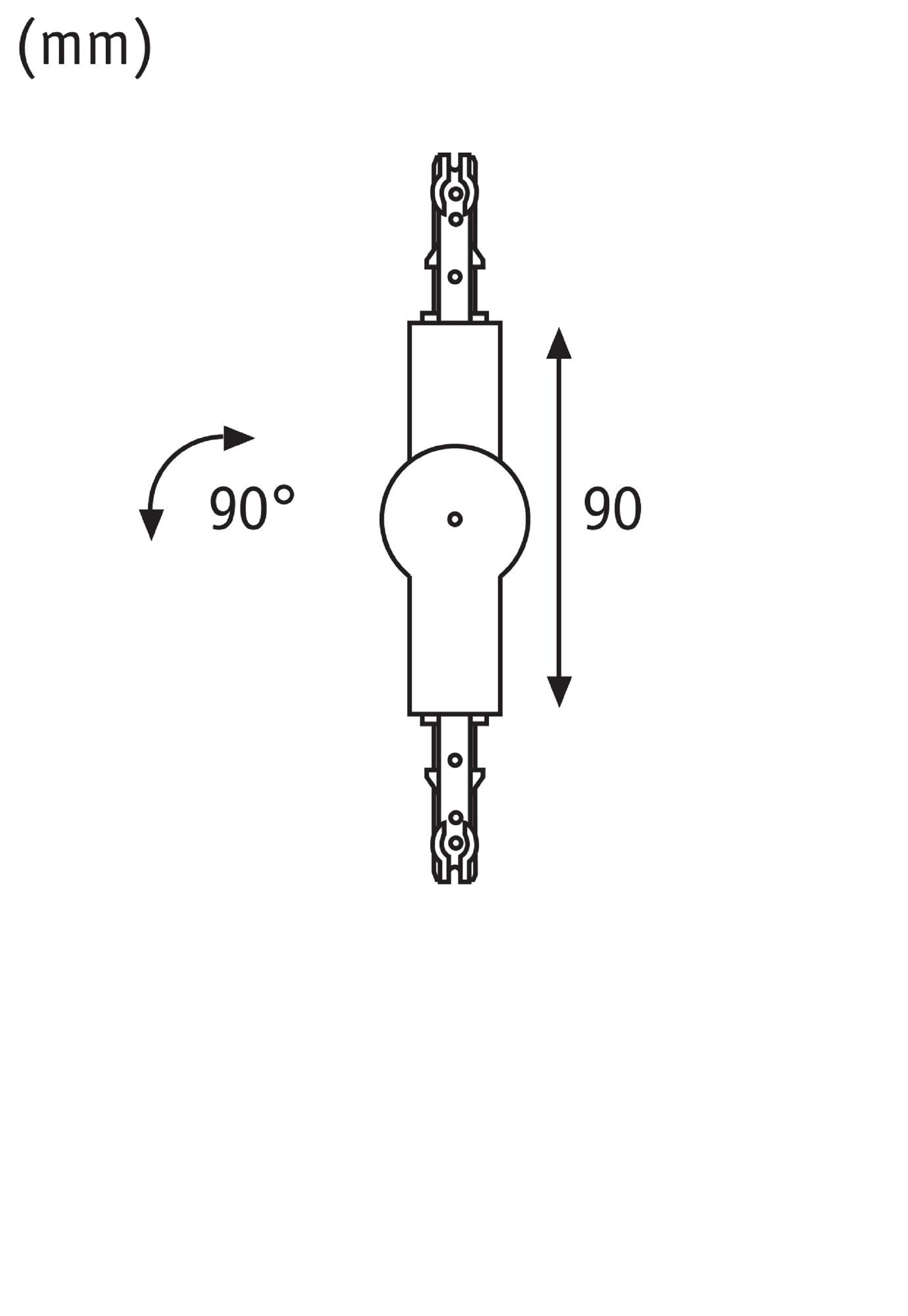 Ein Diagramm eines Scharniers. Zeigt Abmessungen und einen 90-Grad-Rotationspfeil.