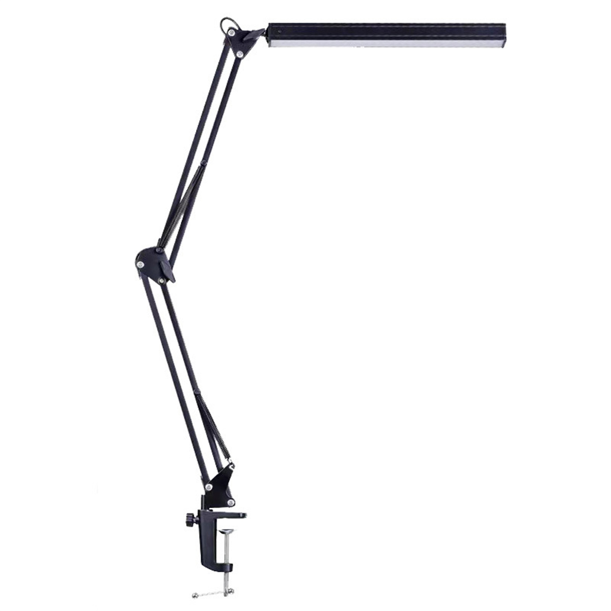 Schwarze, verstellbare Schreibtischlampe. Sie ist mit einem langen Arm und hellem Licht an einer Klemme befestigt.