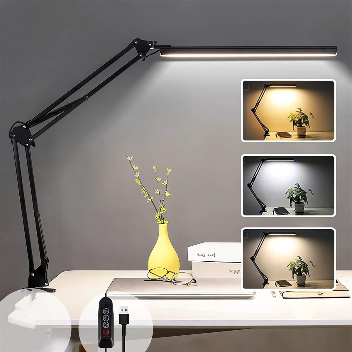 Schwarze Schreibtischlampe mit verstellbarem Arm und drei Lichteinstellungen. Bücher und Pflanze sichtbar.