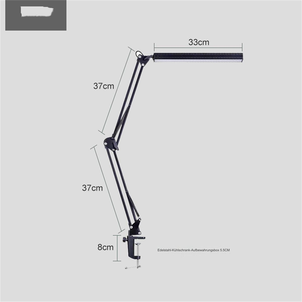 Gelenkschreibtischlampe mit Maßen: 37cm, 37cm, 33cm und 8cm.