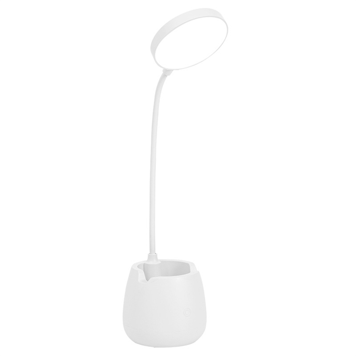 Eine weiße Schreibtischlampe mit Stifthalterfuß und verstellbarem Lichtpaneel wird gezeigt.