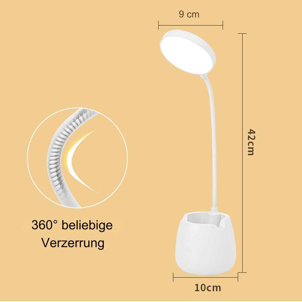 Weiße Schreibtischlampe mit gebogenem Arm und Stifthaltersockel.