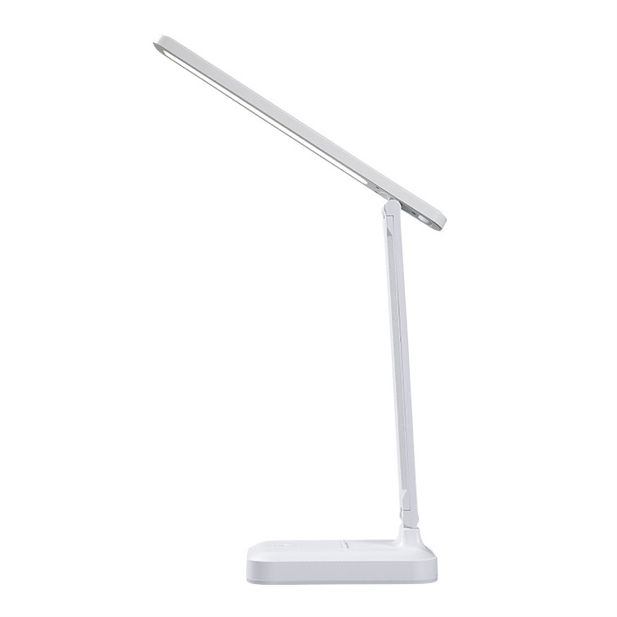 Weiße Schreibtischlampe mit langem, dünnem Licht. Sie hat einen quadratischen Sockel und einen verstellbaren Arm.