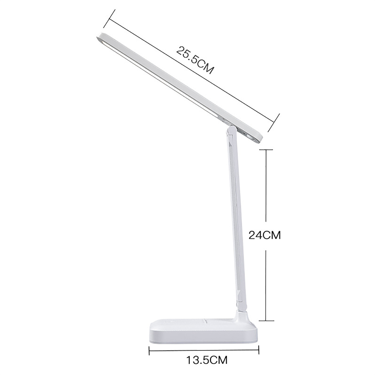 Eine weiße Schreibtischlampe mit den Maßen 25,5 cm, 24 cm und 13,5 cm.