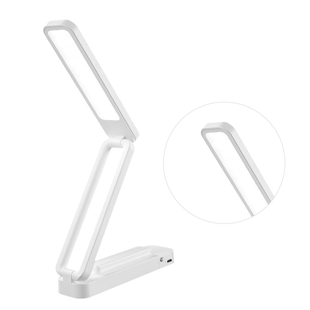 Weiße LED-Schreibtischlampe mit faltbarem Design. Ein Detail der Lichtquelle ist im Kreis.