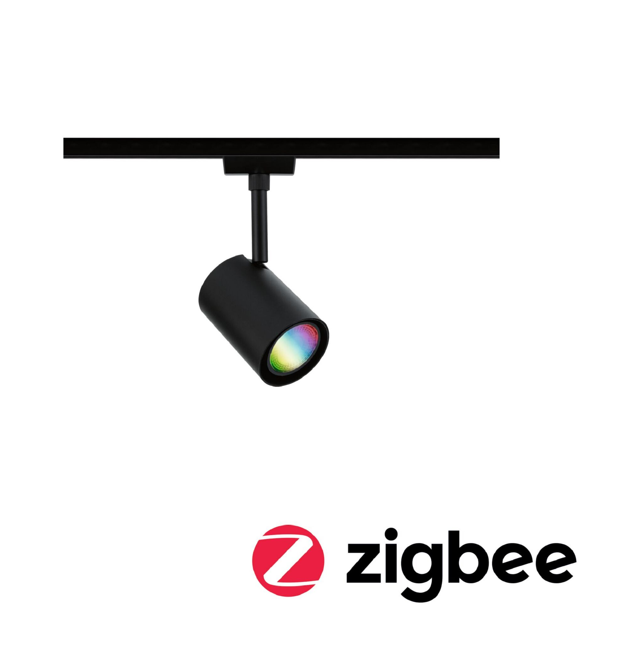 Czarny reflektor szynowy z kolorową wiązką światła. Logo Zigbee pod światłem. Białe tło.