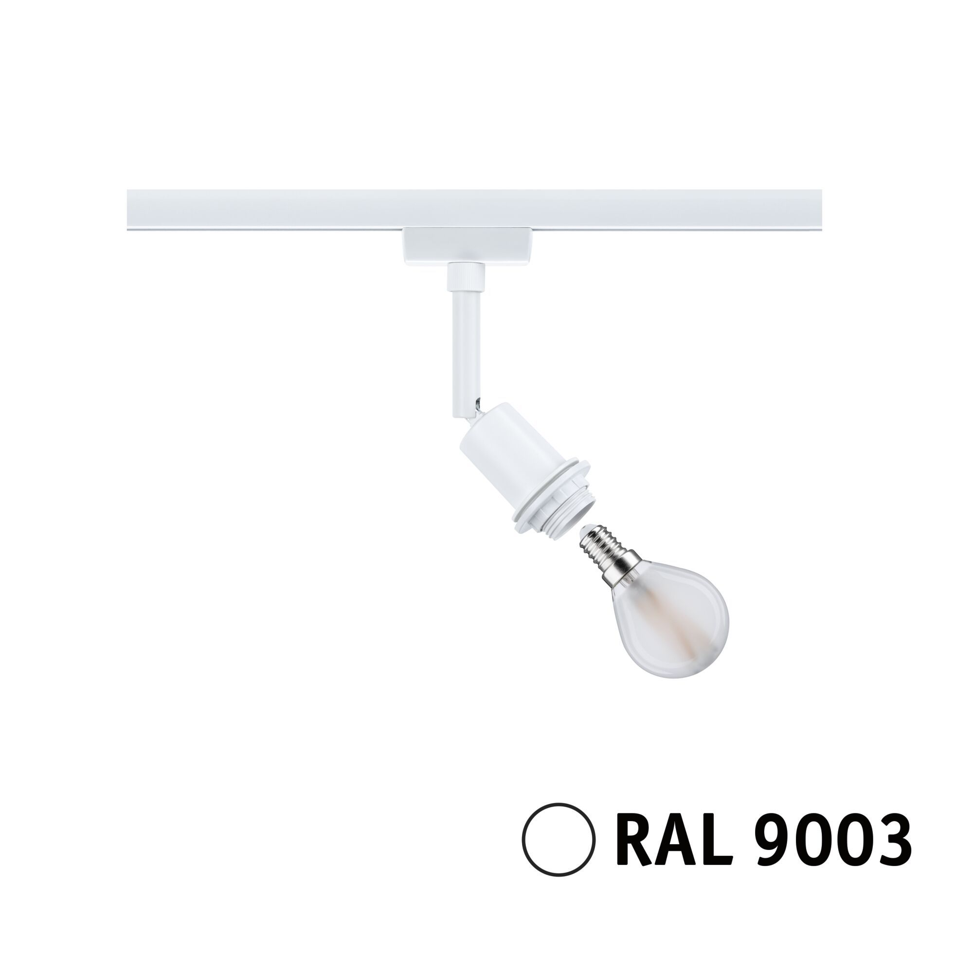 Ein weißer Strahler mit Glühbirne auf einer weißen Schiene mit 'RAL 9003'.