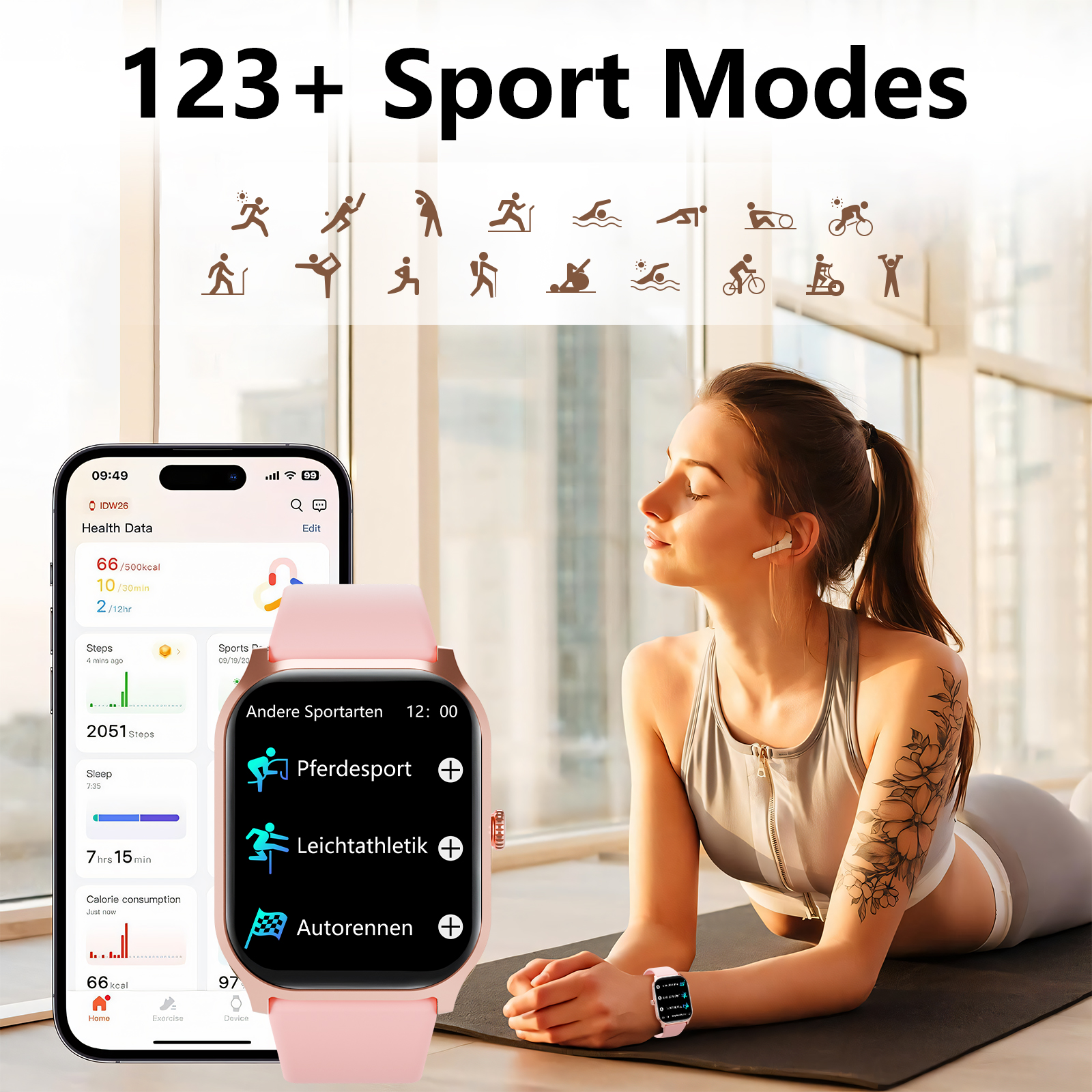 Frau mit rosa Smartwatch, mit Sport-Icons und Telefon mit Gesundheitsdaten.