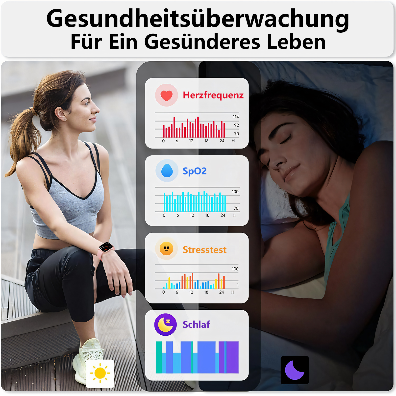 Frau mit Smartwatch und Gesundheitsdatenanzeige. Schlafende Frau, Diagramme zeigen Herzfrequenz, SpO2, Stress und Schlaf.