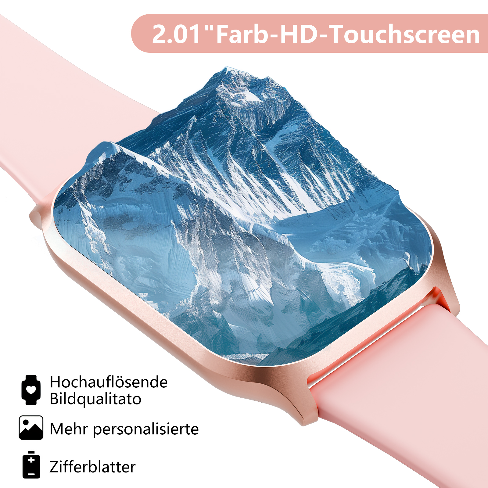 Eine rosa Smartwatch, die eine Bergszene anzeigt, mit Details zur Displayqualität und Personalisierung.