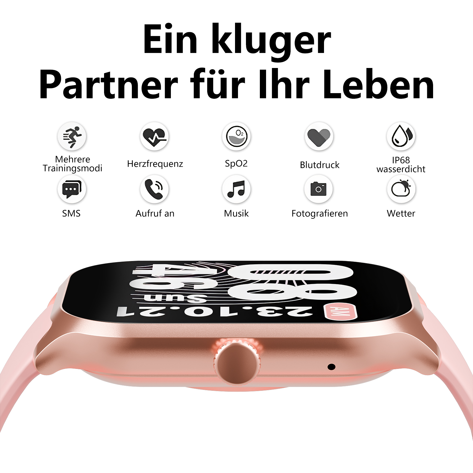 Roségoldene Smartwatch mit pinkfarbenem Armband, die Zeit und Gesundheitsdaten mit Symbolen anzeigt.