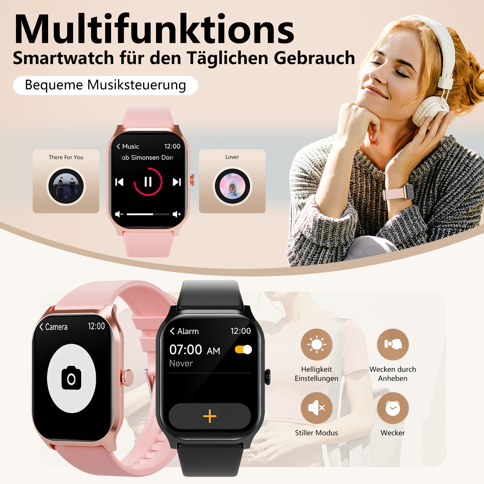 Eine rosa und schwarze Smartwatch zeigt Musiksteuerung, Uhrzeit und Gesundheitsfunktionen.