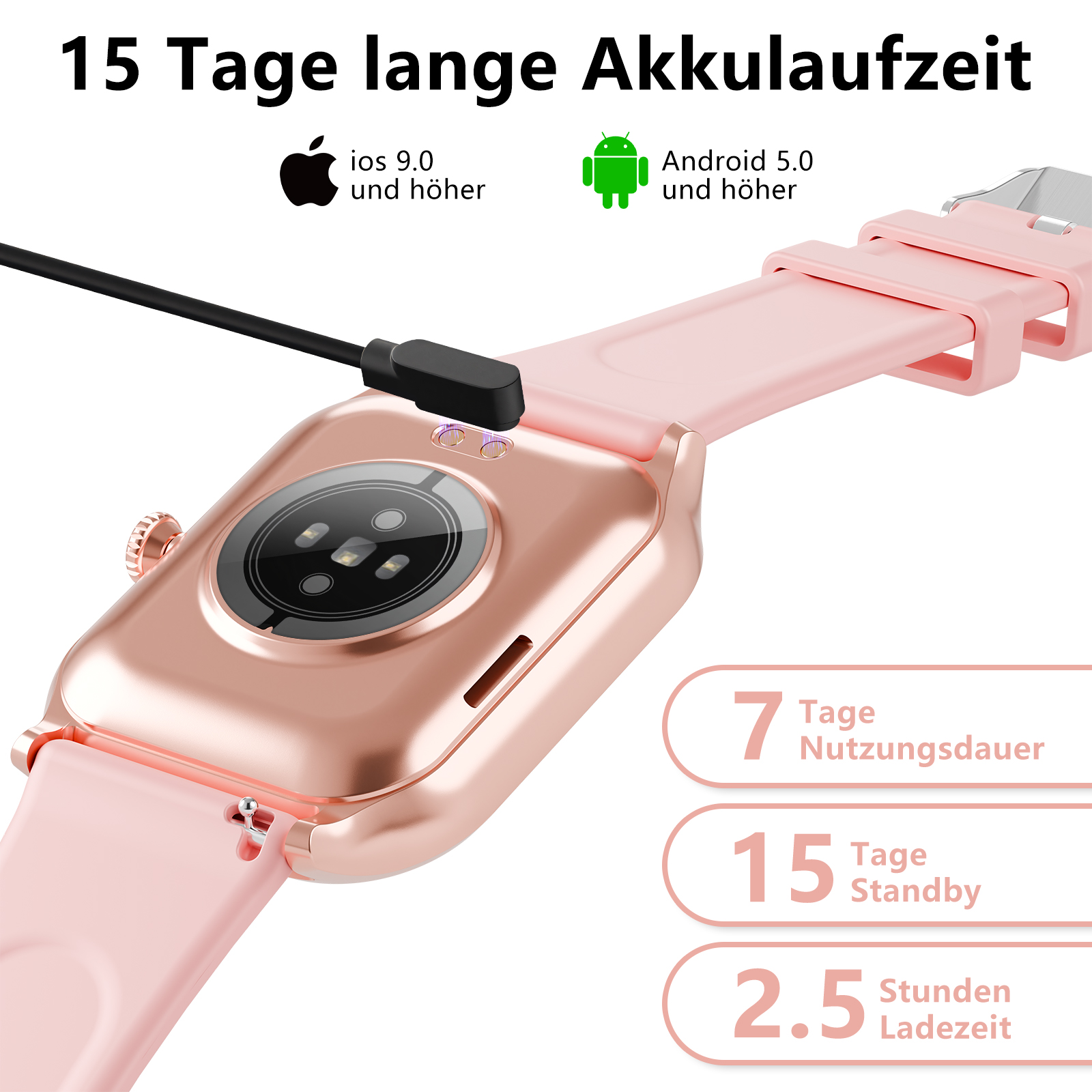 Roségoldene Smartwatch mit pinkfarbenem Armband, zeigt Ladestatus und Akkulaufzeitdetails.