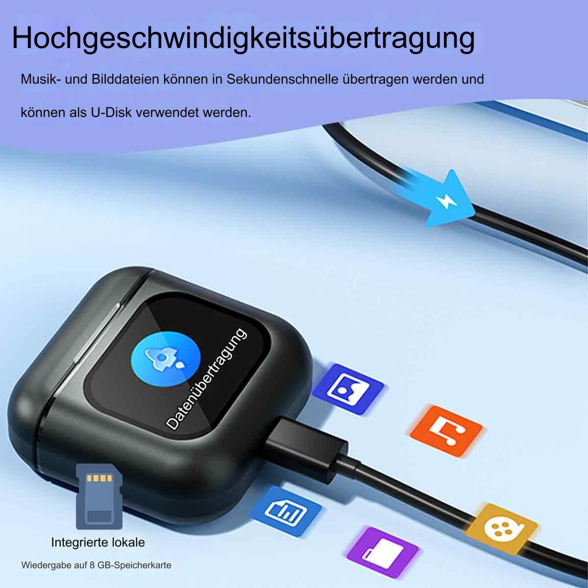 Schwarzes Gerät mit Etiketten, verbunden mit bunten Datenübertragungssymbolen.