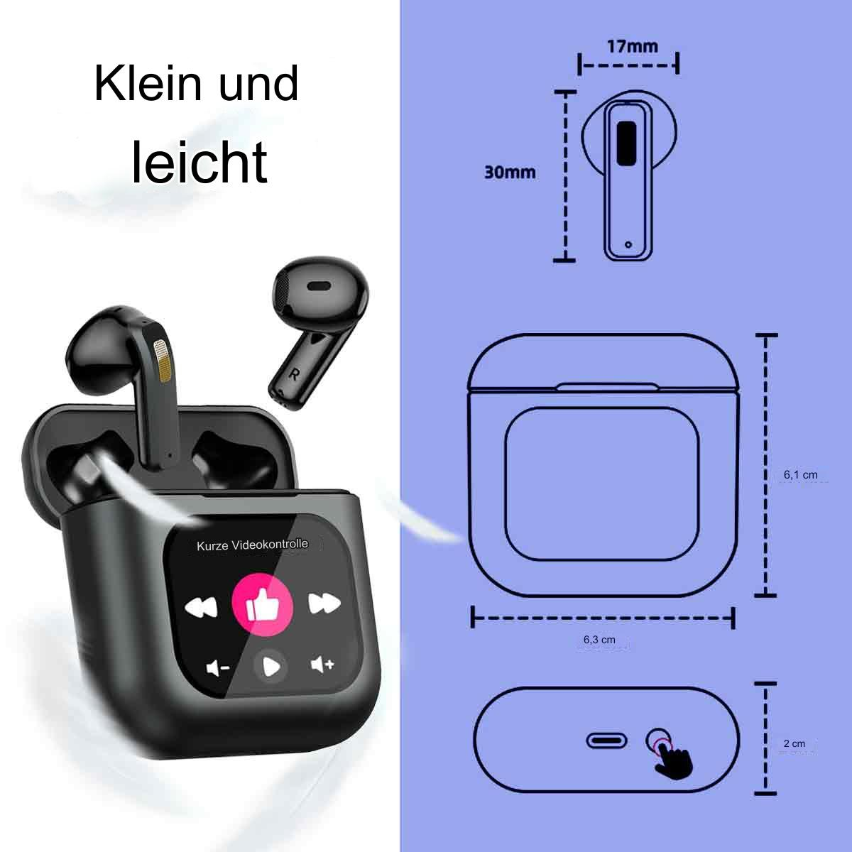 Schwarze kabellose Ohrhörer, Ladecase und Abmessungen. Text: Klein und leicht.