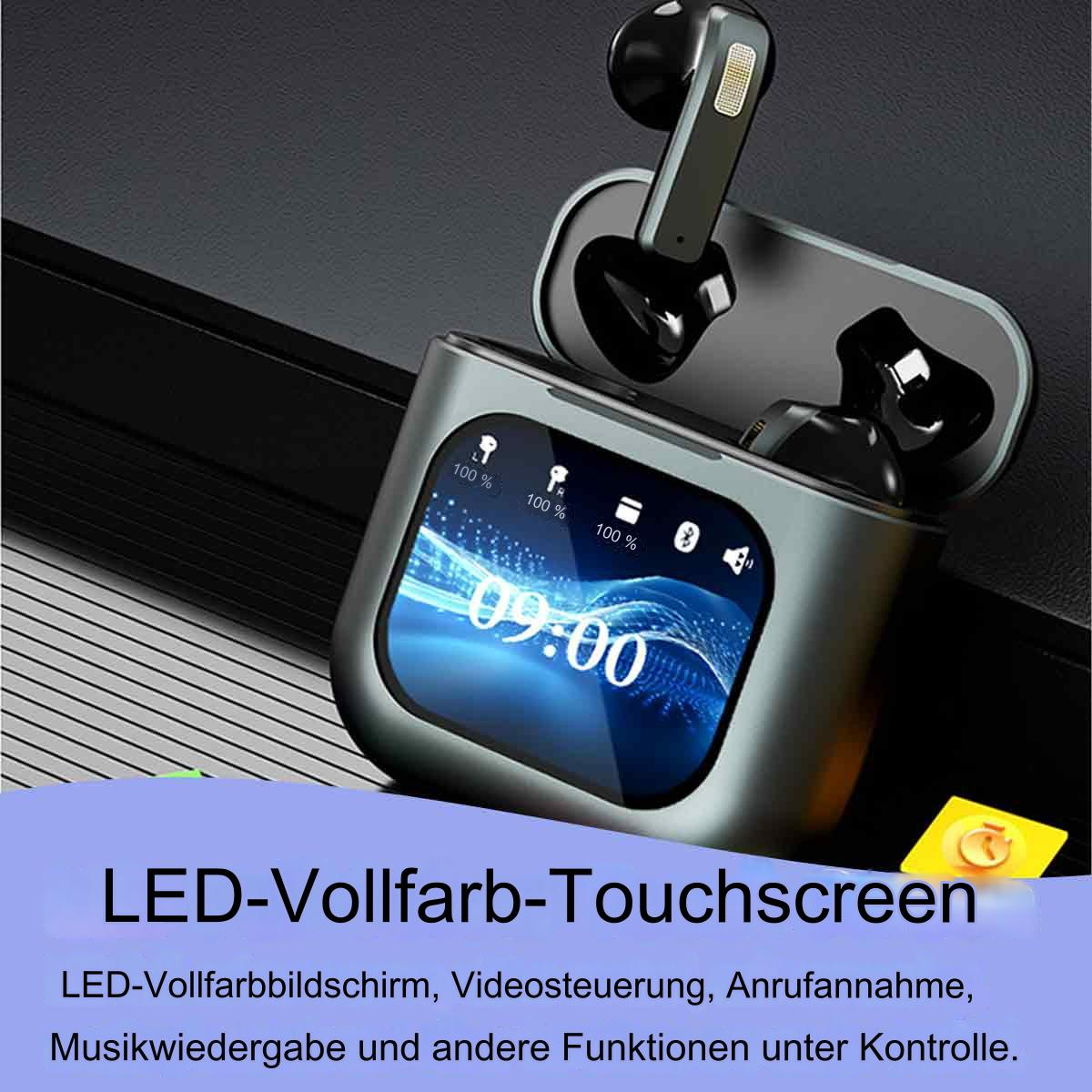 Ohrhörer mit Bildschirm und Touch-Steuerung. Text: LED-Vollfarb-Touchscreen, Musiksteuerung.
