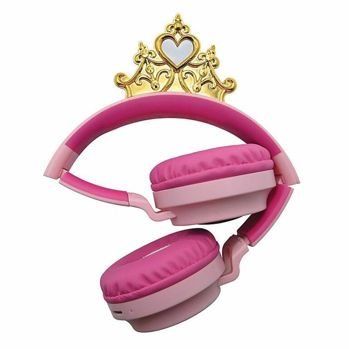Cuffie rosa con corona. Le cuffie sono piegate. Sfondo bianco.