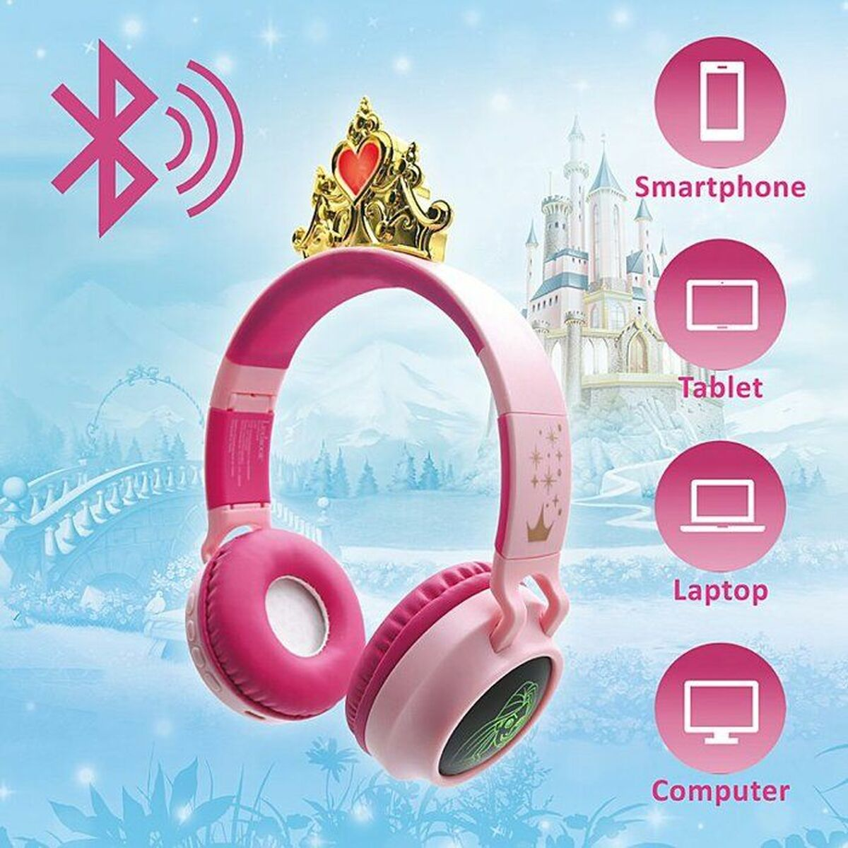 Cuffie rosa con corona d'oro e illustrazioni di smartphone, tablet, laptop e computer.