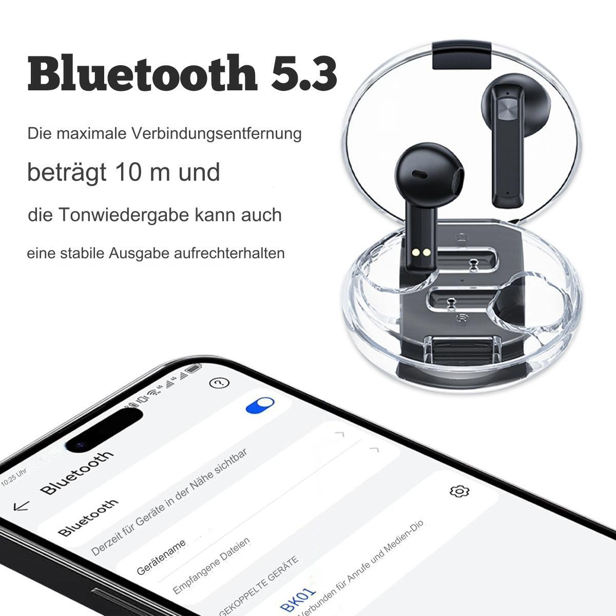 Ohrhörer, Ladecase und Telefonbildschirm mit Bluetooth-Einstellungen.