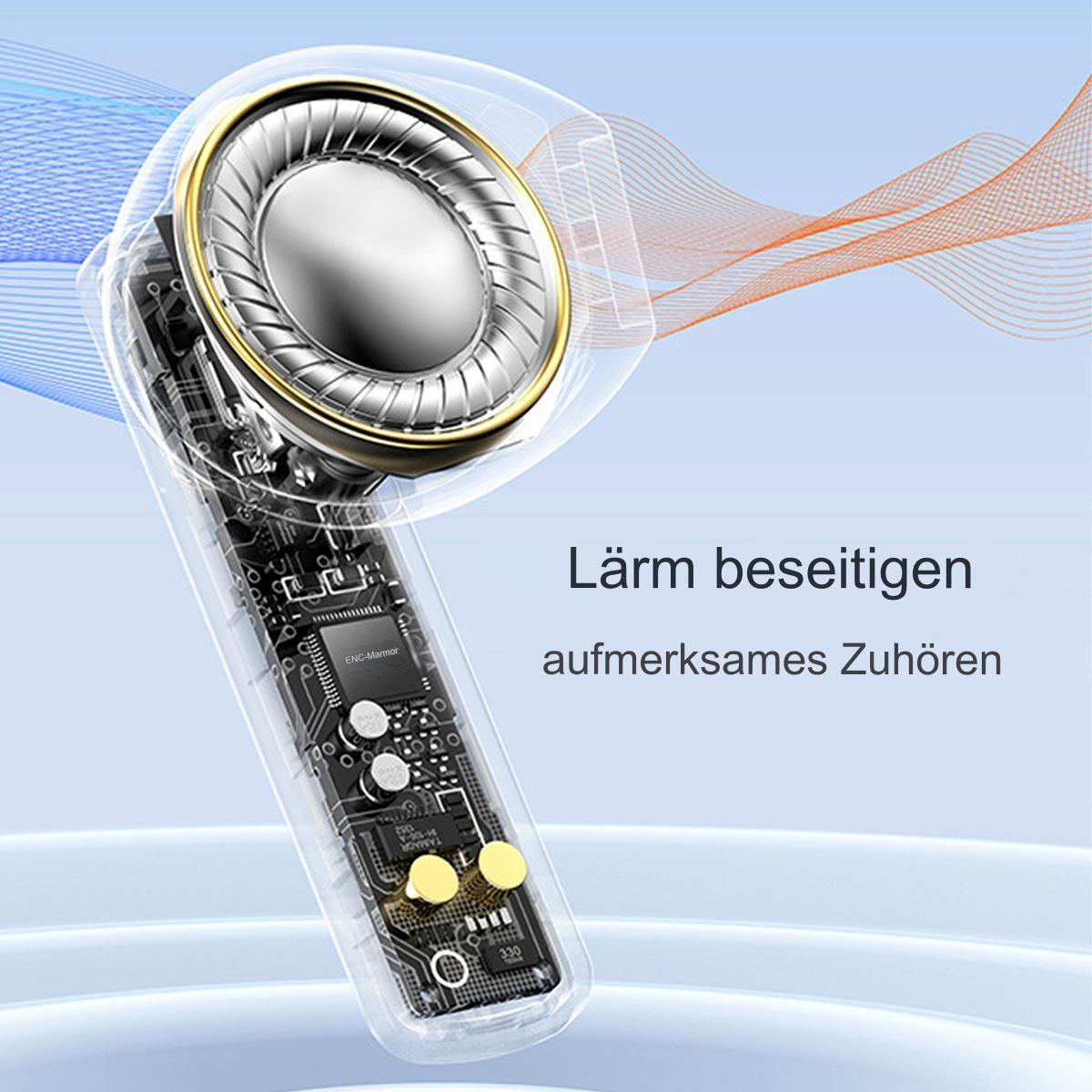 Ein Ohrhörer in transparenter Ansicht. Er zeigt interne Komponenten und Text auf Deutsch zur Geräuschreduzierung.