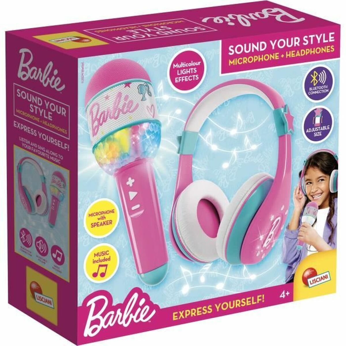 Barbie-Mikrofon und Kopfhörer-Set, bunte Box mit Text und Bildern.