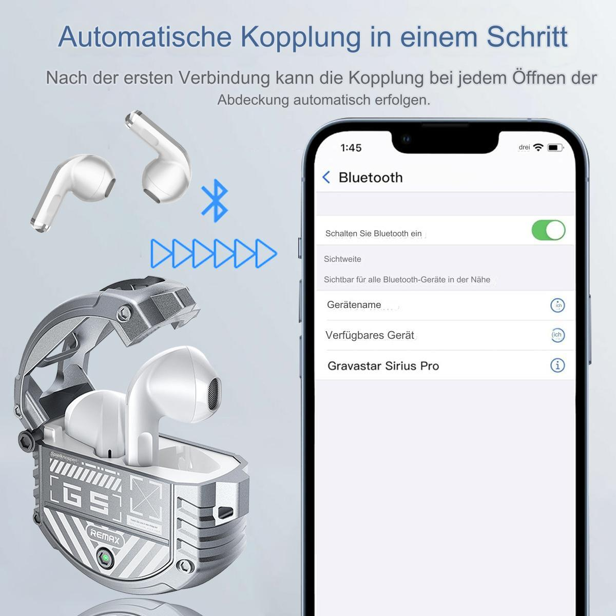 Weiße Ohrhörer in einem metallischen Ladeetui. Telefon zeigt Bluetooth-Einstellungen mit Häkchen.