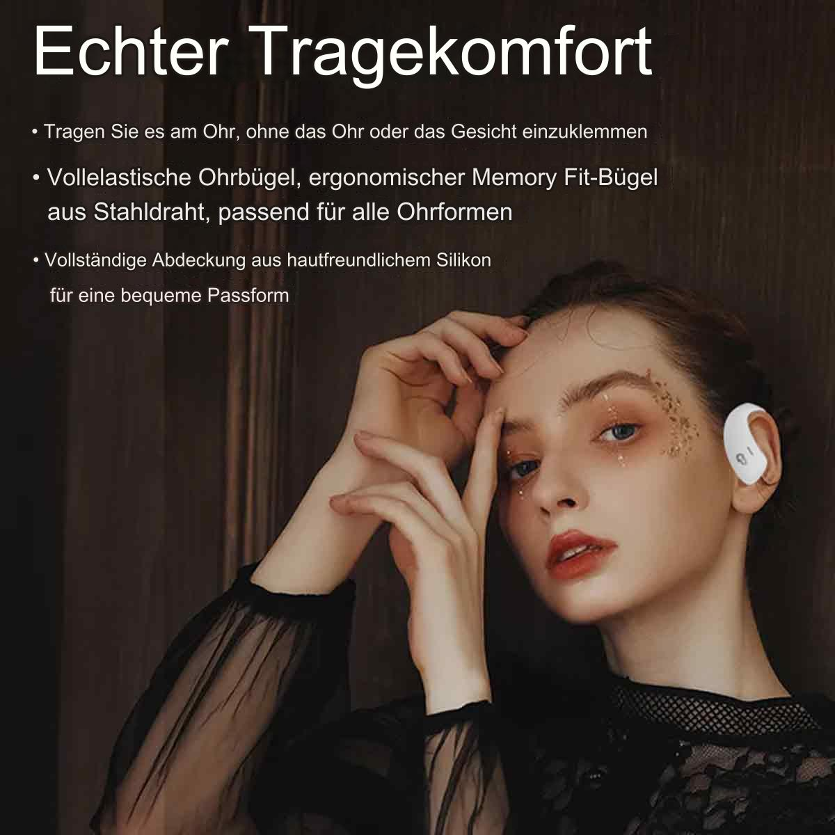 Frau mit Ohrhörer. Text: Bequeme Passform. Silikon für Passform. Ergonomisches Design. Angenehm für das Ohr.