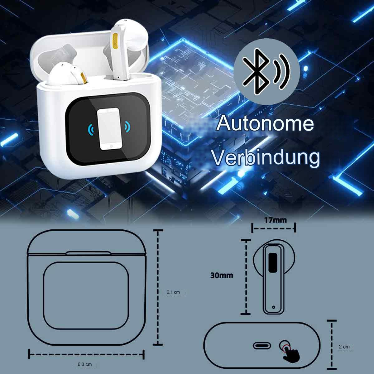 Weiße kabellose Ohrhörer in einer Ladebox, mit Abmessungen. Text: Autonome Verbindung.