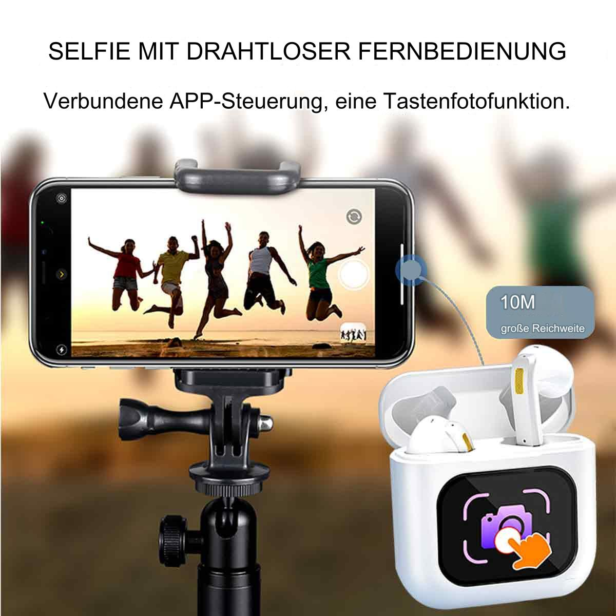 Smartphone mit Gruppen-Selfie, kabellosen Ohrhörern und Ladecase.