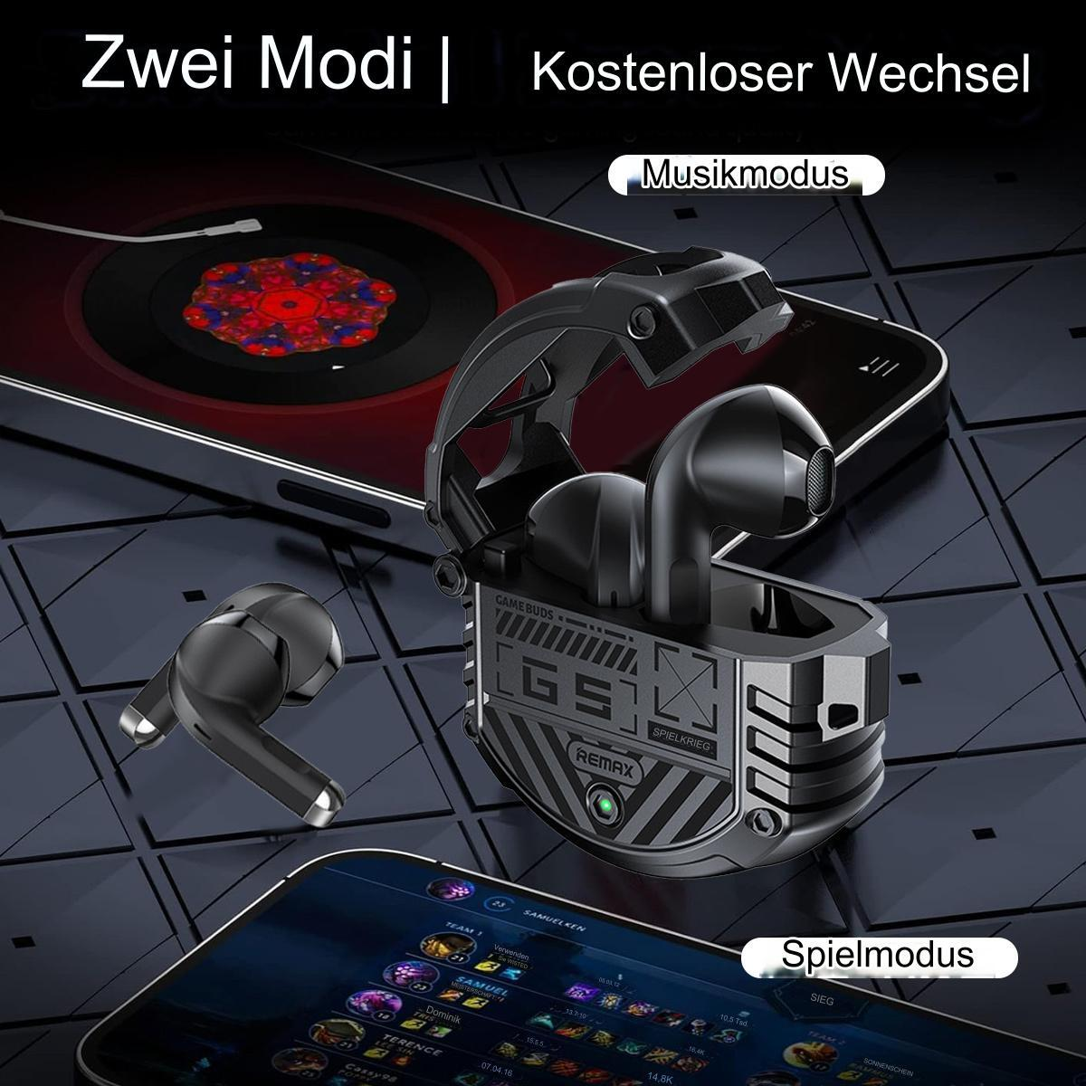 Schwarze kabellose Ohrhörer in einem Ladecase, mit einem Telefon, das eine Musik- und Spielmodus-Oberfläche zeigt.