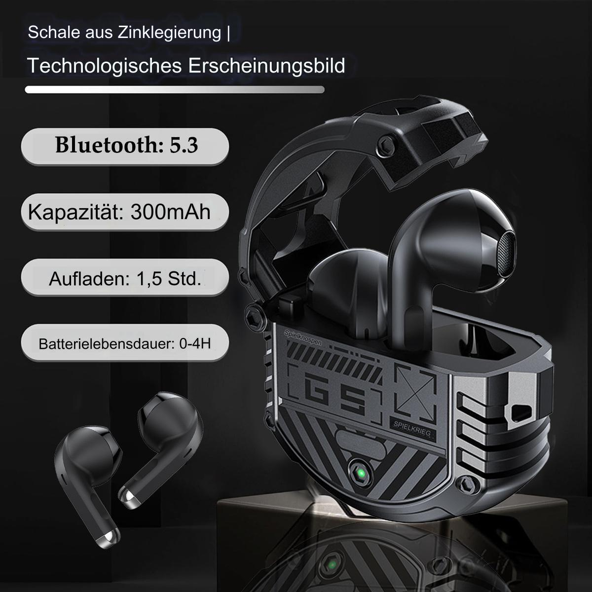 Schwarze kabellose Ohrhörer in einem Ladeetui mit Text und Symbolen auf weißem Hintergrund.