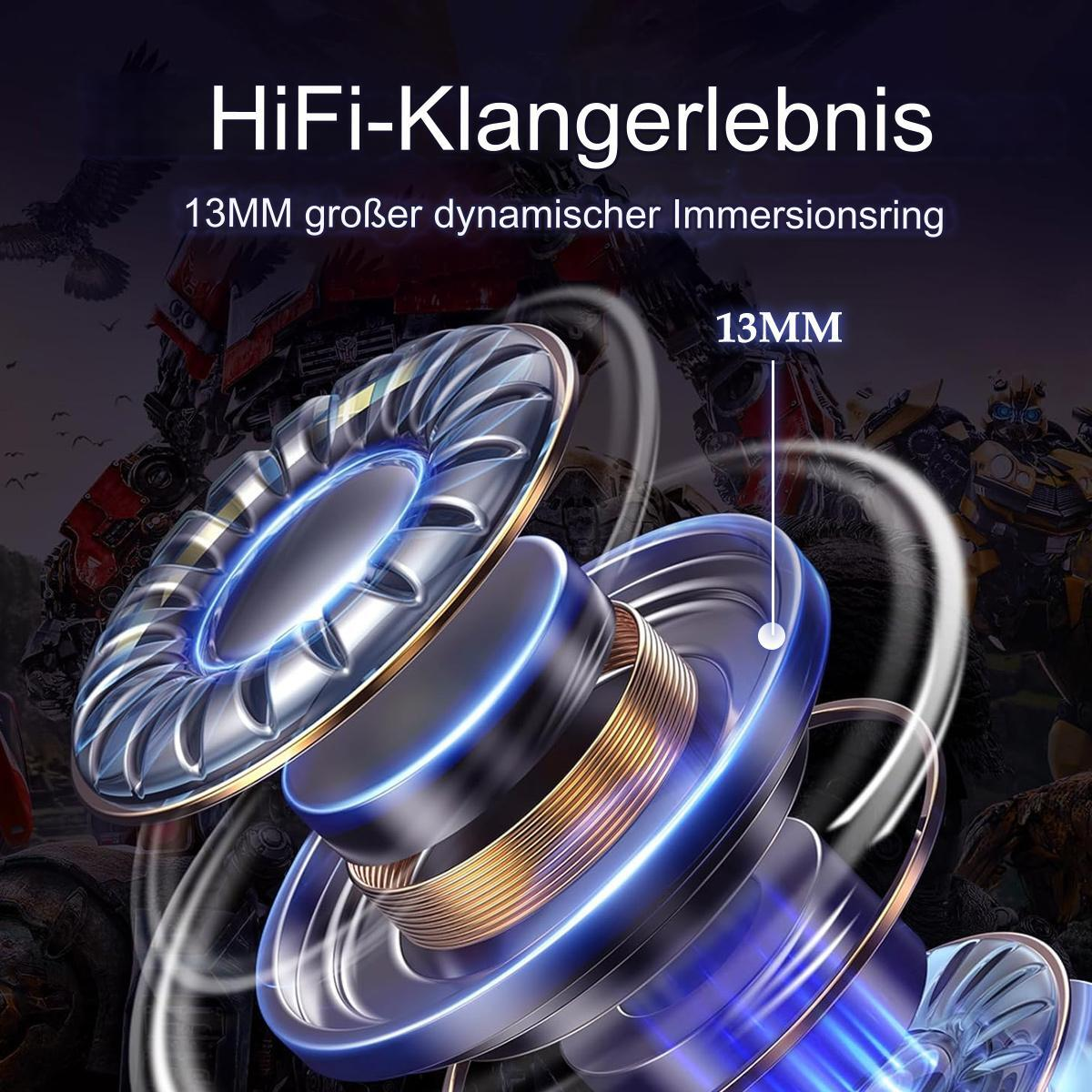 Nahaufnahme eines Kopfhörers mit Blick auf die inneren Lautsprecherkomponenten und Text.