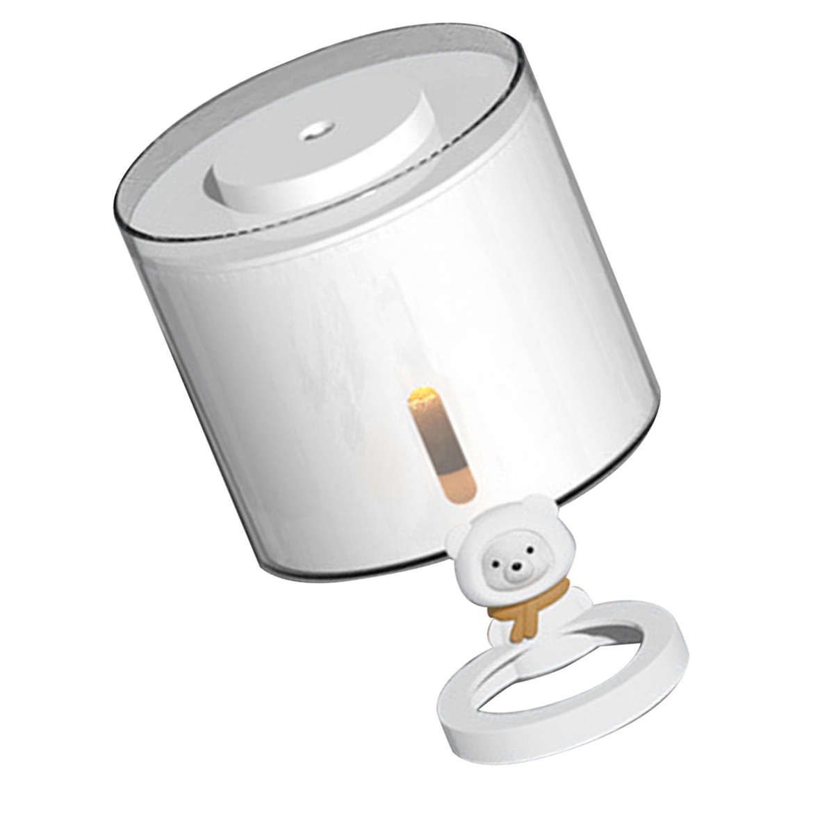Weißer und transparenter Wasserspender, mit einem bärenförmigen Griff und einem gelben Licht.