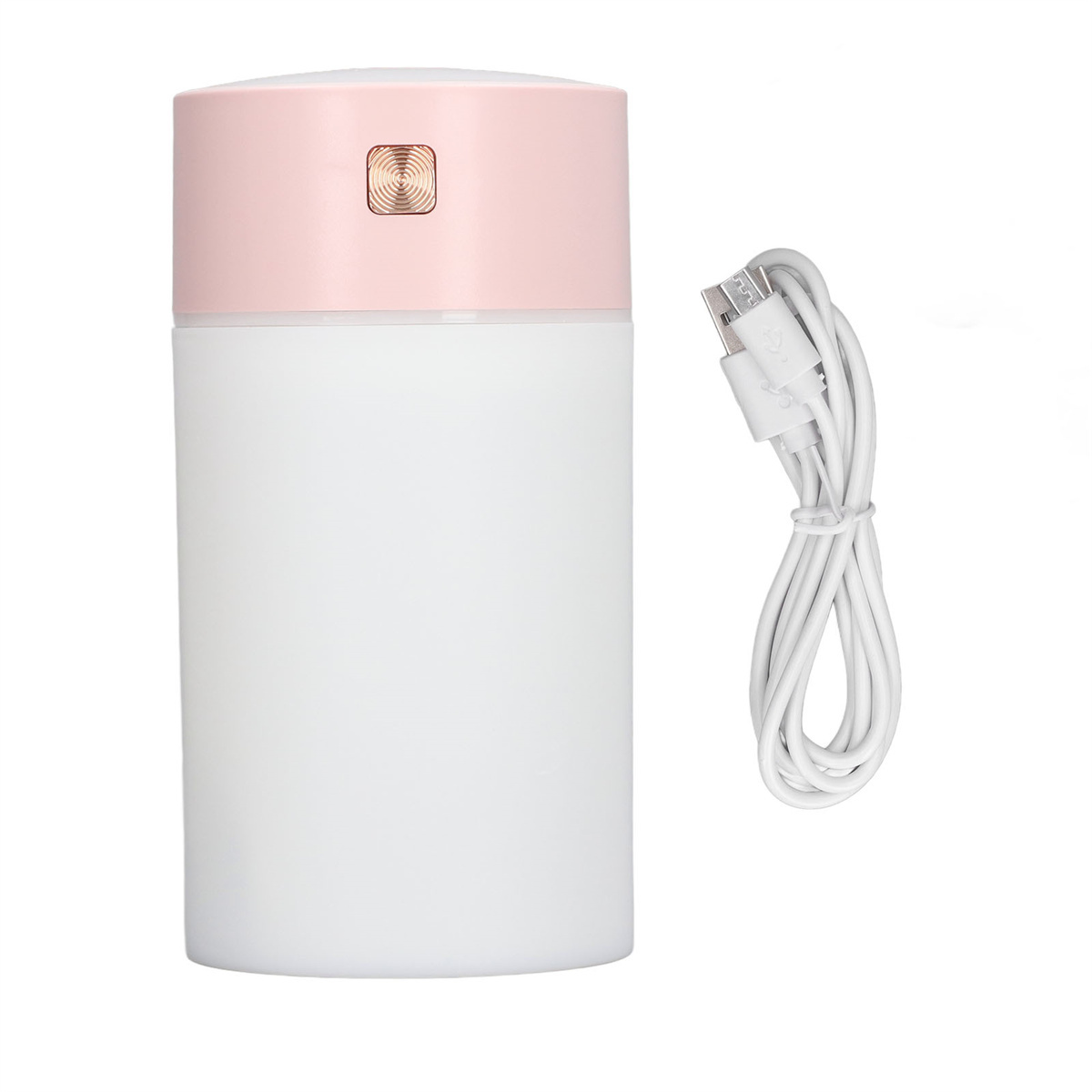 Weißer und rosa Luftbefeuchter mit einem USB-Kabel daneben.