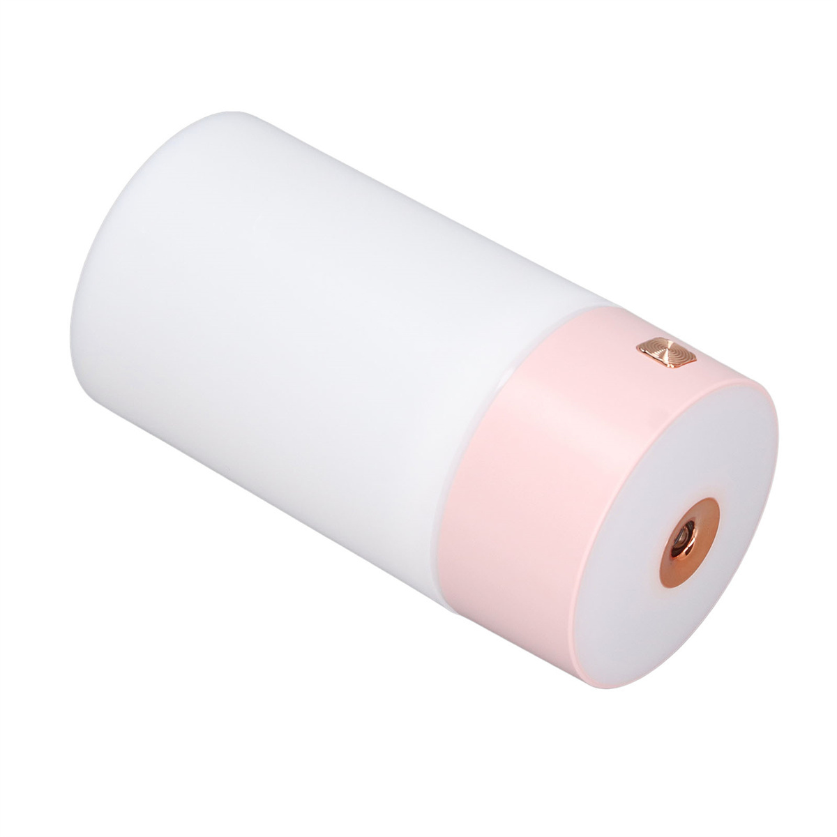 Eine weiße und rosa Zylinderlampe, geneigt. Sie hat einen Knopf oben und ein Loch unten.