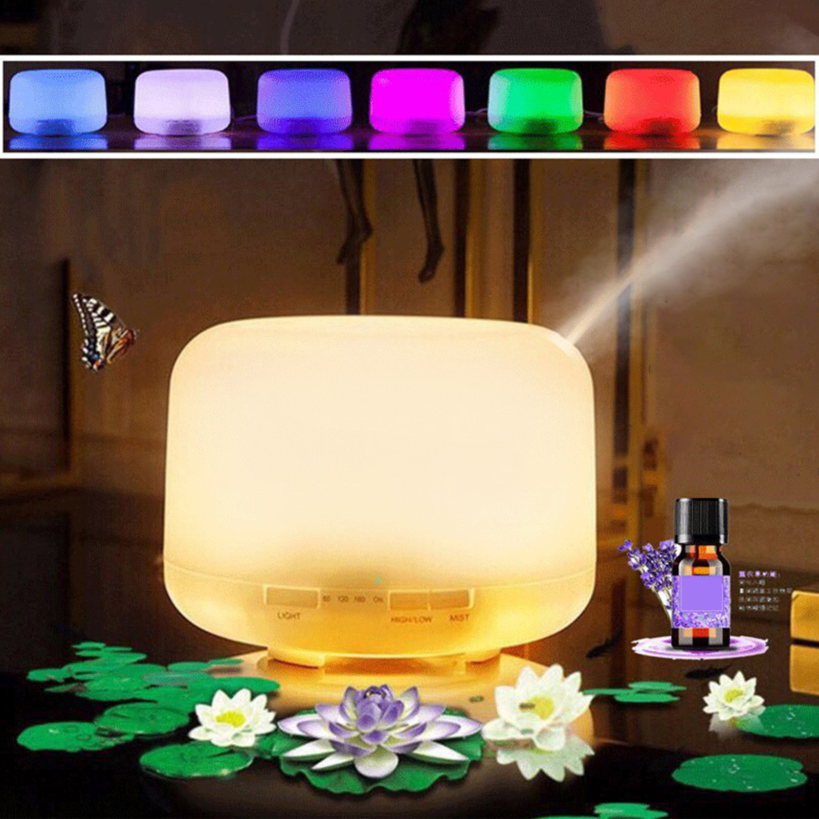 Aromadiffusor mit bunten Lichtern, einer Ölflasche und Seerosenblättern. Schmetterling im Hintergrund.