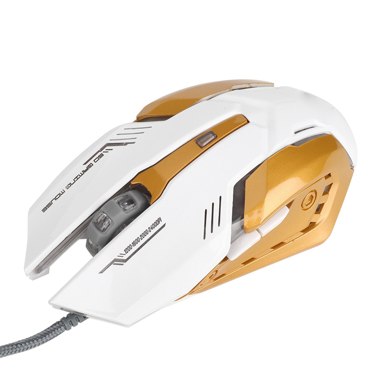 Weiße und goldene Gaming-Maus mit grauem Kabel. Goldakzente. Text: 1200-1600-2000-2400 DPI.
