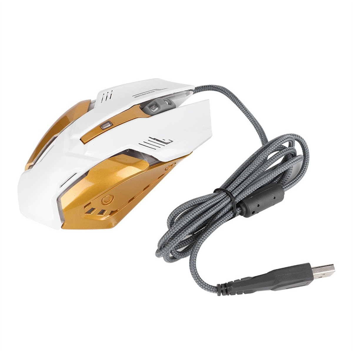 Eine weiße und goldene Maus mit einem grauen geflochtenen Kabel. Am Ende befindet sich ein USB-Anschluss.
