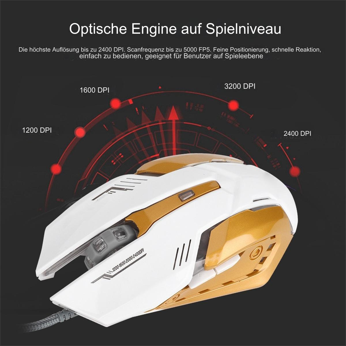 Weiße und goldene Gaming-Maus mit Tasten. Nahaufnahme. Schwarzes Kabel. Weißer Hintergrund.
