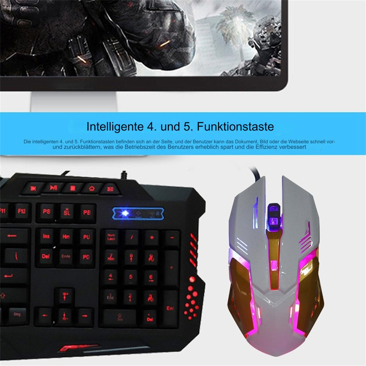 Schwarze Tastatur mit roten Lichtern, weiße und goldene Maus mit rosa Lichtern. Bildschirm zeigt Spielszene.
