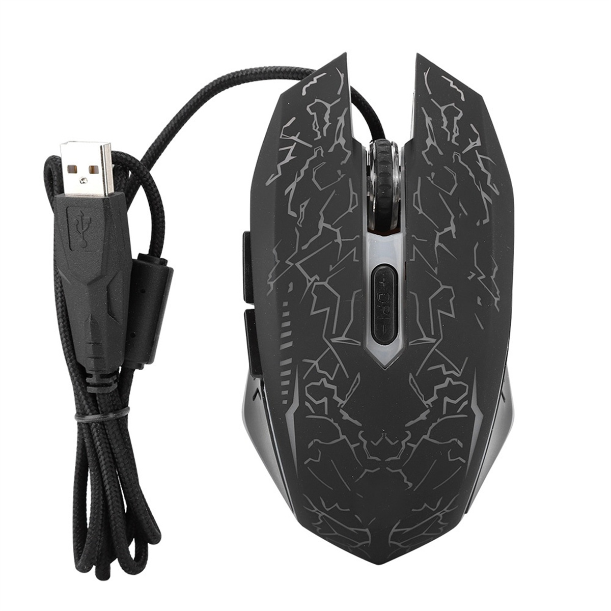 Schwarze Gaming-Maus mit USB-Kabel. Die Maus hat ein strukturiertes Design und mehrere Tasten.