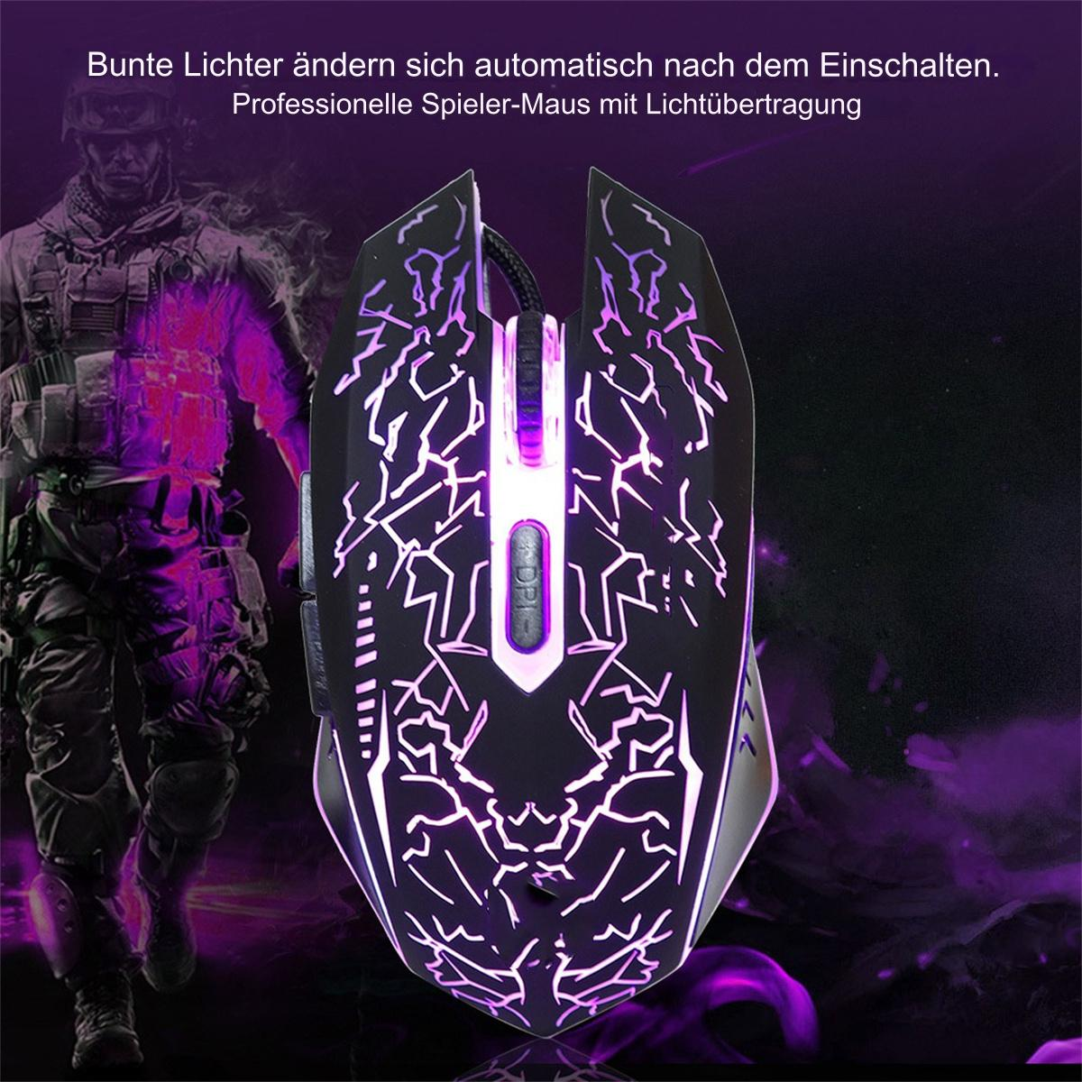 Eine Gaming-Maus mit bunten Lichtern, Text und eine Person im Hintergrund.